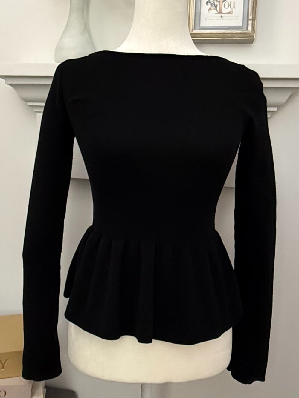 Black Structured Knit Peplum Top Boat Neck Long Sleeve S